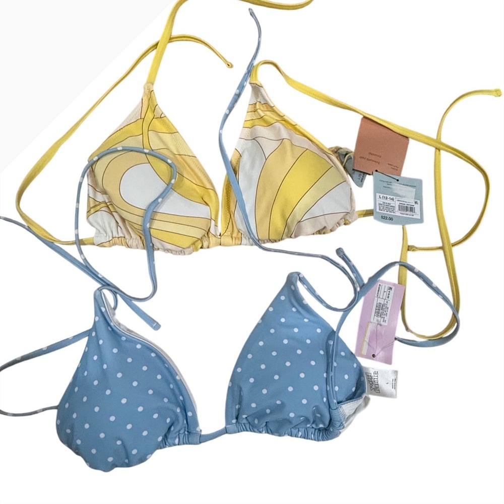 Wild Fable Bikini Tops Lot of 2 Size L Blue Polka Dot Yellow Print NWT